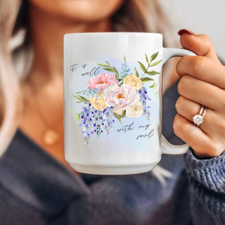 It Is Well Hymn Watercolor Floral Christian 15oz Ceramic Coffee Mug