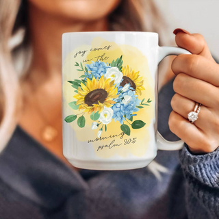 Joy in the Morning Bible Verse Watercolor Floral Christian 15oz Ceramic Coffee Mug