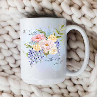 It Is Well Hymn Watercolor Floral Christian 15oz Ceramic Coffee Mug