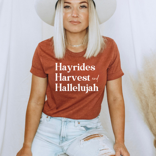 Hayrides, Harvest and Hallelujah Fall Short Sleeve Graphic T-Shirt in Multiple Color Options