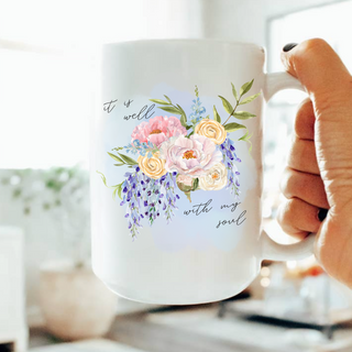 It Is Well Hymn Watercolor Floral Christian 15oz Ceramic Coffee Mug