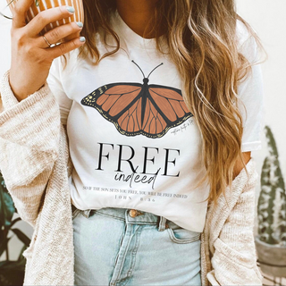 Free Indeed Monarch Butterfly Bible Verse Womens Graphic Tee Shirt