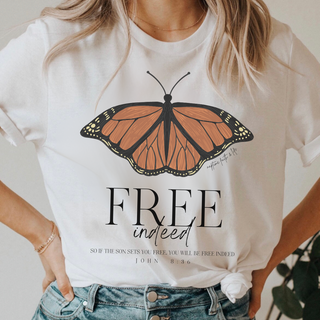 Free Indeed Monarch Butterfly Bible Verse Womens Graphic Tee Shirt