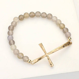 Hammered Metal Cross Semi Precious Natural Stone Bracelet