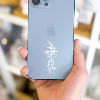 Clear Pure White Floral Cross Waterproof Vinyl Sticker
