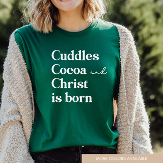 Cuddles Cocoa and Christ Is Born Womens Christmas Graphic Tee Shirt