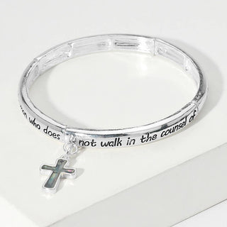 Blessed Message Abalone Cross Charm Stretch Bracelet