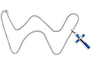 Men's Blue Plated Stainless Steel Cross Pendant Necklace
