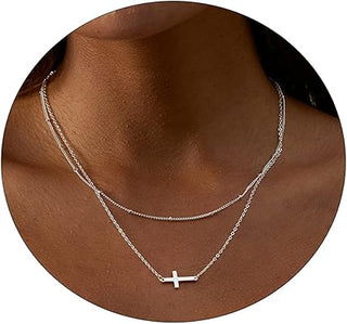 Layered Horizontal Cross Necklace - Silver