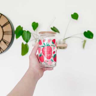 *Retired* Tis So Sweet To Trust In Jesus Strawberry Glass Can with Bamboo Lid and Glass Straw