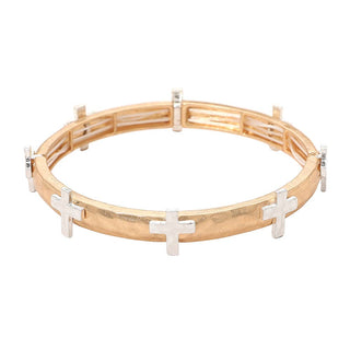 Hammered Brushed Metal Cross Accent Stretch Bracelet