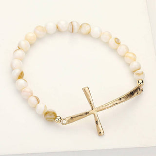 Hammered Metal Cross Semi Precious Natural Stone Bracelet