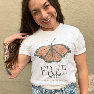 Free Indeed Monarch Butterfly Bible Verse Womens Graphic Tee Shirt