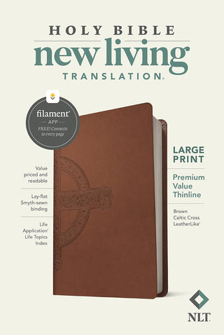 NLT Large Print Premium Value Thinline Bible, Filament-Enabled Edition (LeatherLike, Brown Celtic Cross)