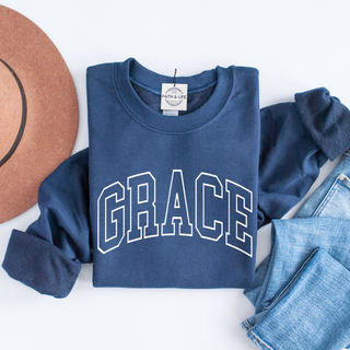 GRACE Cozy Christian Crewneck Sweatshirt, Gospel Wear and Share