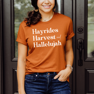 Hayrides, Harvest and Hallelujah Fall Short Sleeve Graphic T-Shirt