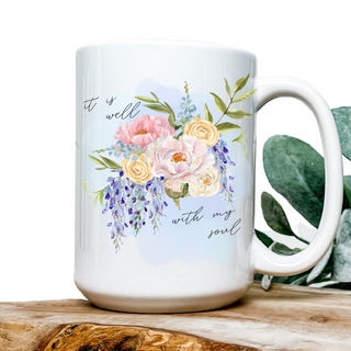 It Is Well Hymn Watercolor Floral Christian 15oz Ceramic Coffee Mug