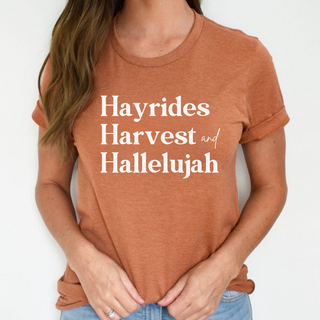 Hayrides, Harvest and Hallelujah Fall Short Sleeve Graphic T-Shirt