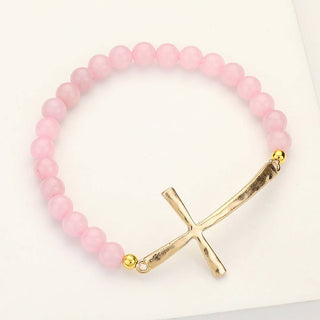 Hammered Metal Cross Semi Precious Natural Stone Bracelet