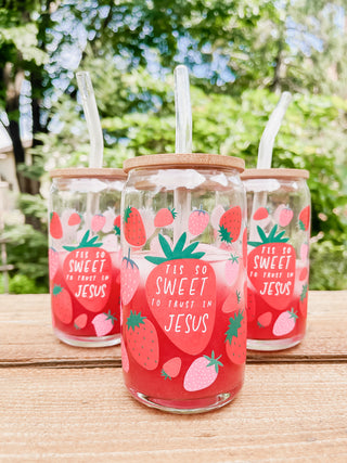 *Retired* Tis So Sweet To Trust In Jesus Strawberry Glass Can with Bamboo Lid and Glass Straw