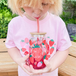 *Retired* Tis So Sweet To Trust In Jesus Strawberry Glass Can with Bamboo Lid and Glass Straw