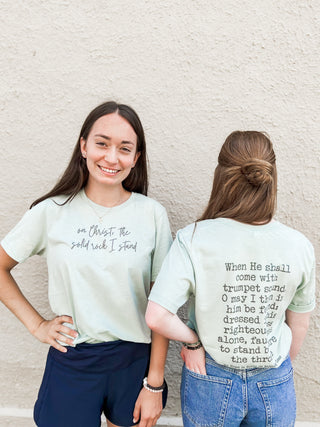 On Christ The Solid Rock I Stand Hymn Vintage Wash Tee Shirt Front and Back Design