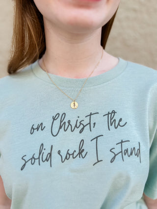 On Christ The Solid Rock I Stand Hymn Vintage Wash Tee Shirt Front and Back Design