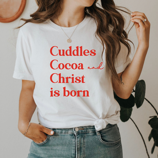 Cuddles Cocoa and Christ Is Born Womens Christmas Graphic Tee Shirt