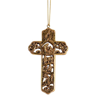 Ornament Nativity Cross Distressed Gold Resin 4H