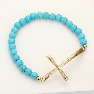 Hammered Metal Cross Semi Precious Natural Stone Bracelet