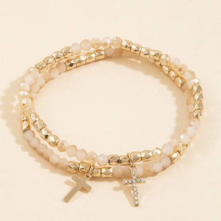 Crystal Bead Cross Charm Stretch Bracelet Set