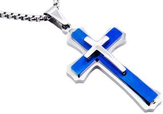 Men's Blue Plated Stainless Steel Cross Pendant Necklace