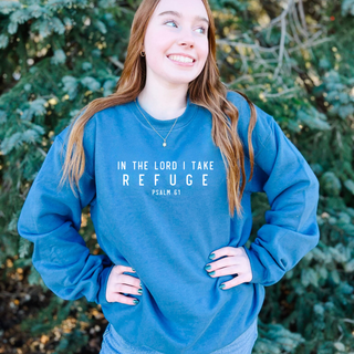 In the Lord I Take Refuge Psalm 61 Crewneck Sweatshirt - Front and Back Design - March 2026 Collection