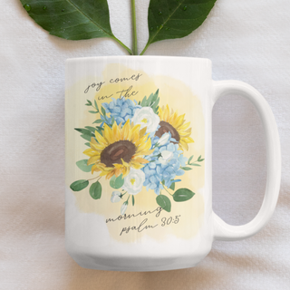 Joy in the Morning Bible Verse Watercolor Floral Christian 15oz Ceramic Coffee Mug