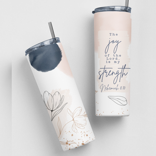 The Joy Of The Lord Is My Strength Navy Floral Bible Verse Stainless Steel Travel Tumbler