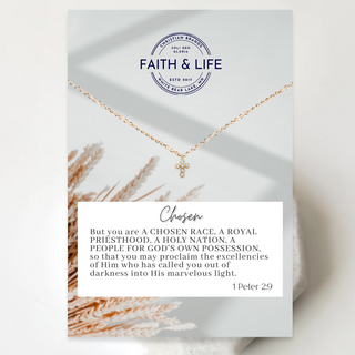 "Chosen" Dainty Cubic Zirconia 14k Gold Inspirational Cross Necklace