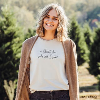 On Christ The Solid Rock I Stand Hymn Vintage Wash Tee Shirt Front and Back Design